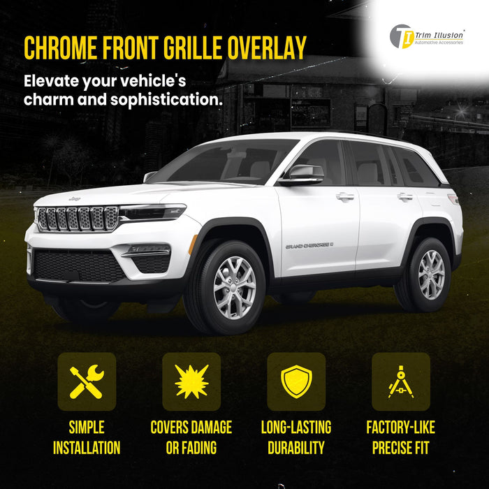 ABS534 21-24 Jeep Grand Cherokee L, 22-24 Jeep Grand Cherokee Fits grille W/ or W/O Camera 8 PCS Chrome Snap-on W/Tape Patented Grille Overlay