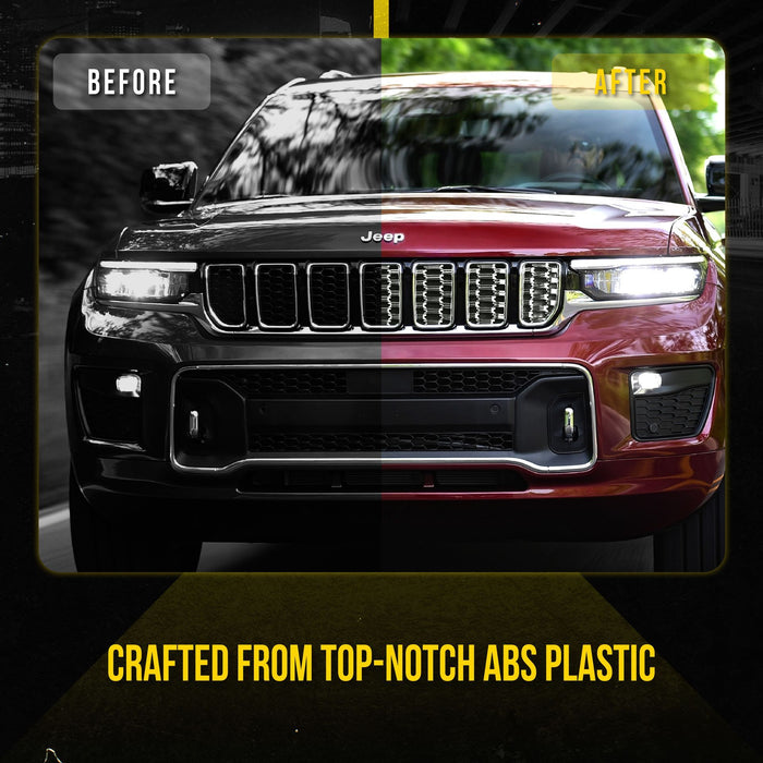 ABS534 21-24 Jeep Grand Cherokee L, 22-24 Jeep Grand Cherokee Fits grille W/ or W/O Camera 8 PCS Chrome Snap-on W/Tape Patented Grille Overlay