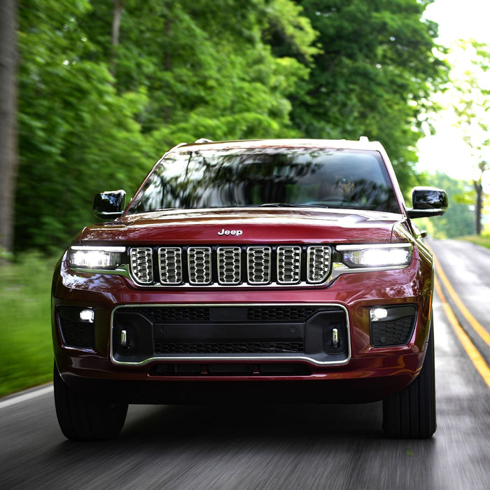 ABS534 21-24 Jeep Grand Cherokee L, 22-24 Jeep Grand Cherokee Fits grille W/ or W/O Camera 8 PCS Chrome Snap-on W/Tape Patented Grille Overlay