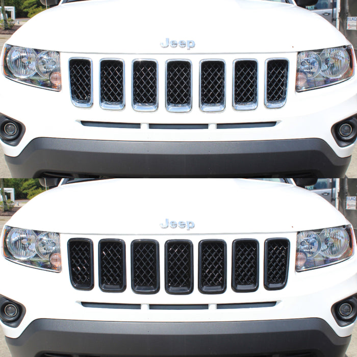 ABS6422BLK 11-17 Jeep Compass Sport/Limited/Latitude 7 PCS Mesh Gloss Black Tape-on Patented Grille Overlay