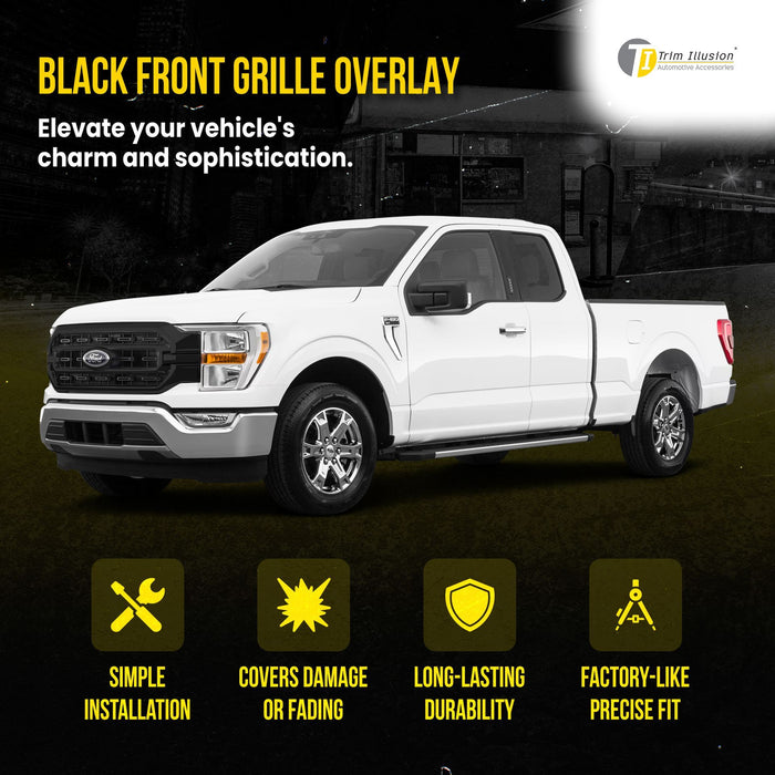 ABS6521BLK 21-23 Ford F-150 XLT/XL Fits grille W/ or W/O Camera 1 PC Gloss Black Snap-on W/Tape Patented Grille Overlay