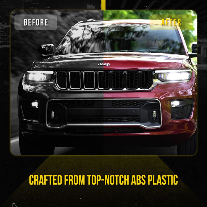 ABS6534BLK 21-24 Jeep Grand Cherokee L, 22-24 Jeep Grand Cherokee Fits grille W/ or W/O Camera 8 PCS Gloss Black Snap-on W/Tape Patented Grille Overlay