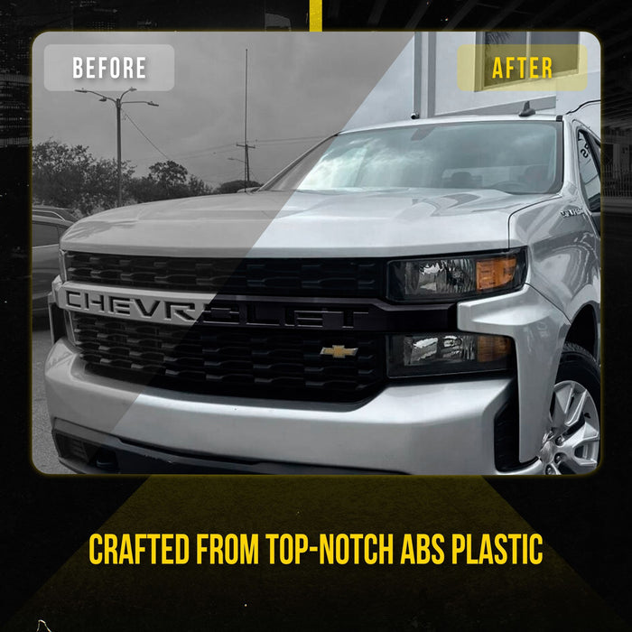 ABS6593BLK 19-21 Chevrolet Silverado 1500 Custom Trailboss, Custom WT 1 PC Gloss Black Tape-on Patented Grille Overlay