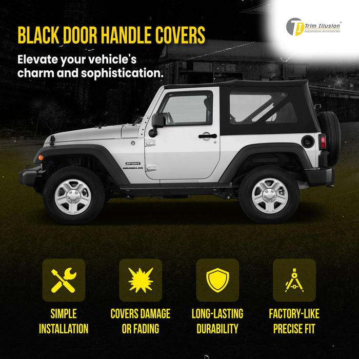 DH6122BLK 07-17 Jeep Wrangler, 08-13 Jeep Liberty, 2018 Jeep Wrangler JK, 07-12 Dodge Nitro No Smart Key 8 PCS Gloss Black Tape-on Patented Door Handle Cover