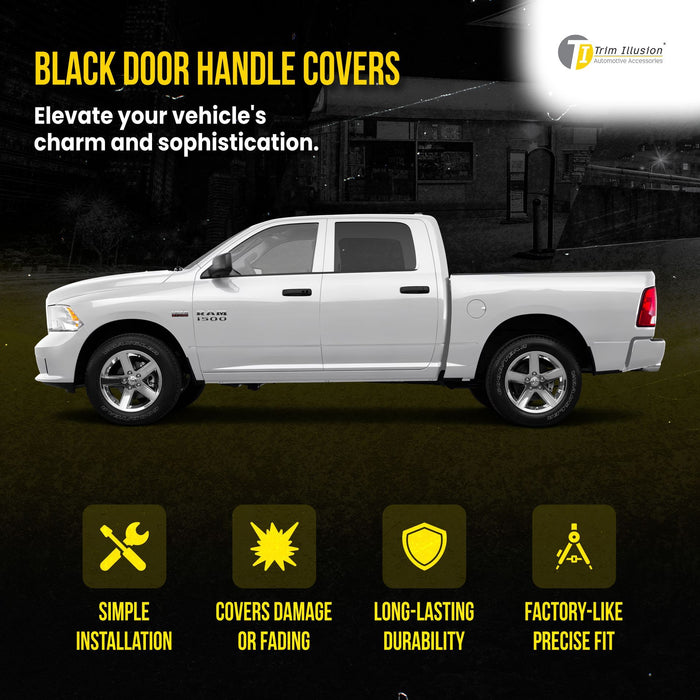 DH6275BLK 13-18 Ram 1500/2500/3500, 19-23 Ram 1500 Classic W/ or W/O Smart Key 10 PCS Gloss Black Snap-on W/Tape Patented Door Handle Cover