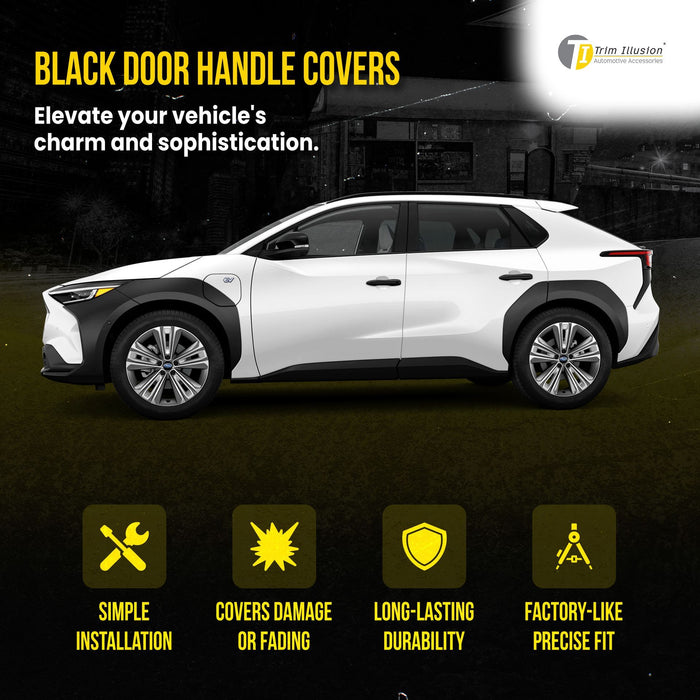 DH6284BLK 17-24 Toyota Prius, 18-24 Toyota Camry, 19-22 Toyota Avalon, 20-24 Toyota Corolla, 21-24 Toyota Venza, 22-24 Toyota Corolla Cross, 23-24 Toyota bZ4X/Prius Prime, 23-24 Subaru Solterra Works over Keyless Sensors 4 PCS Gloss Black Snap-on W/Tape P