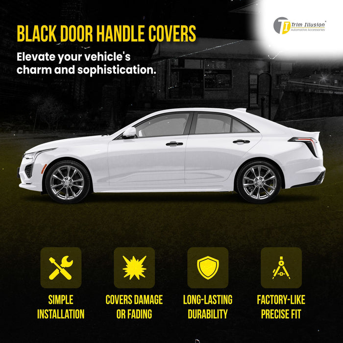 DH6334BLK 15-19 Cadillac ATS/CTS, 16-20 Cadillac CT6, 17-19 Cadillac XTS, 19-24 Cadillac XT4, 20-24 Cadillac XT6/XT5/CT4 All doors W/Smart key 8 PCS Gloss Black Snap-on W/Tape Patented Door Handle Cover