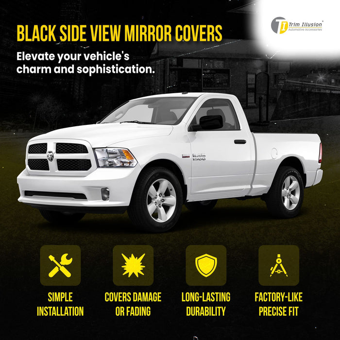 MC6150BLK 09-10 Dodge Ram 1500, 11-18 Ram 1500, 19-23 Ram 1500 Classic 2 PCS No Turn Signal Full Gloss Black Tape-on Mirror Cover