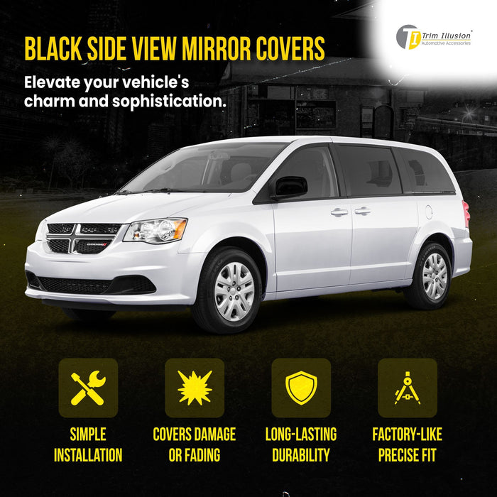 MC6217BLK 08-16 Chrysler Town & Country, 08-20 Dodge Grand Caravan, 09-14 Volkswagen Routan 2 PCS No Turn Signal Top Gloss Black Tape-on Mirror Cover