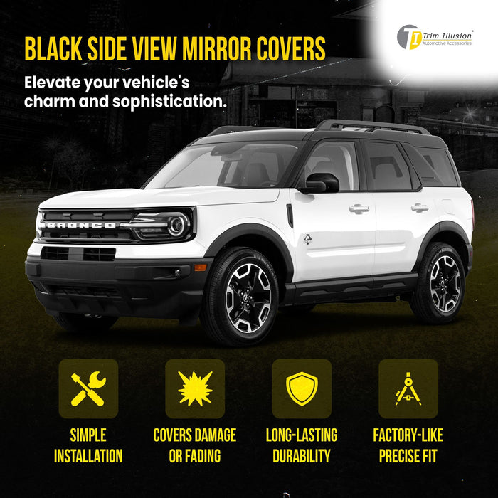 MC6326BLK 21-24 Ford Bronco Sport, 22-24 Ford Maverick 2 PCS No Turn Signal Top Gloss Black Replacement Mirror Cover