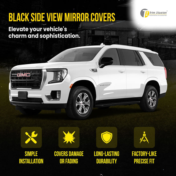 MC6341BLK 21-24 Chevrolet Suburban/Tahoe, 21-24 GMC Yukon/Yukon XL, 21-24 Cadillac Escalade 2 PCS W/ or W/O Turn Signal Top Gloss Black Tape-on Mirror Cover